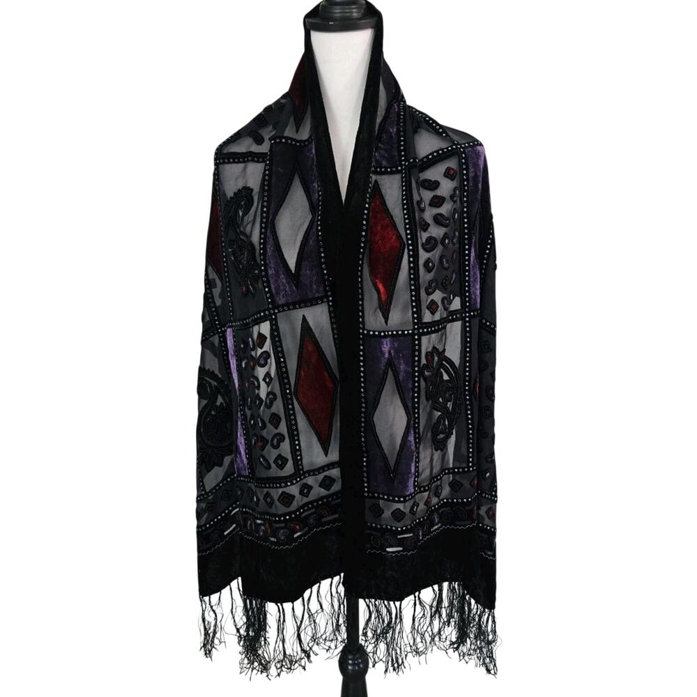 Vtg 90s Whimsigoth Silk Devore Velvet Burnout Vamp Paisley Fringed Scarf Shawl